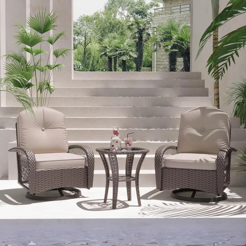 Set di mobili da giardino, set di sedie a dondolo da esterno da 3 pezzi, set di 2 sedie in vimini da patio, set da bistrot da patio con cuscini premium
