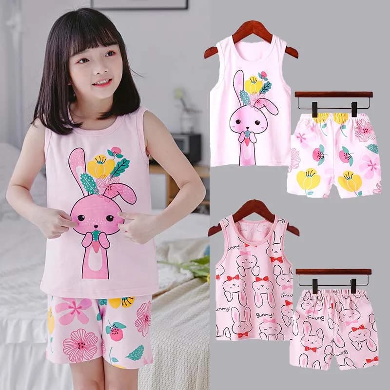 Pigiama per bambina Set di cotone per bambini da 1 a 3 4 5 6 7 8 9 10 anni Pigiama estivo in due pezzi per ragazza di coniglio rosa