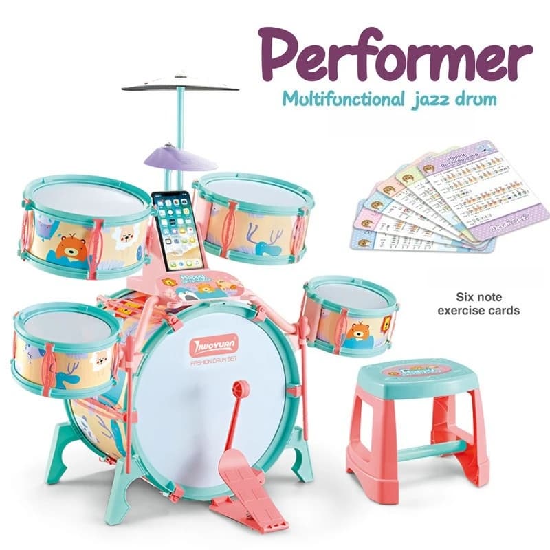 Set di Batteria Jazz Educativo per Bambini, Giocattolo Musicale a Percussione con Sgabello, Regalo di Compleanno per Principianti