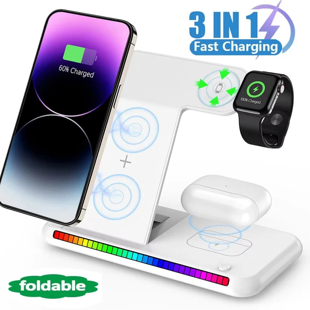 Supporto per caricabatterie wireless 3 in 1 da 15 W, stazione di ricarica rapida wireless pieghevole a LED per telefono cellulare, per iPhone, auricolari, Sumsung Android