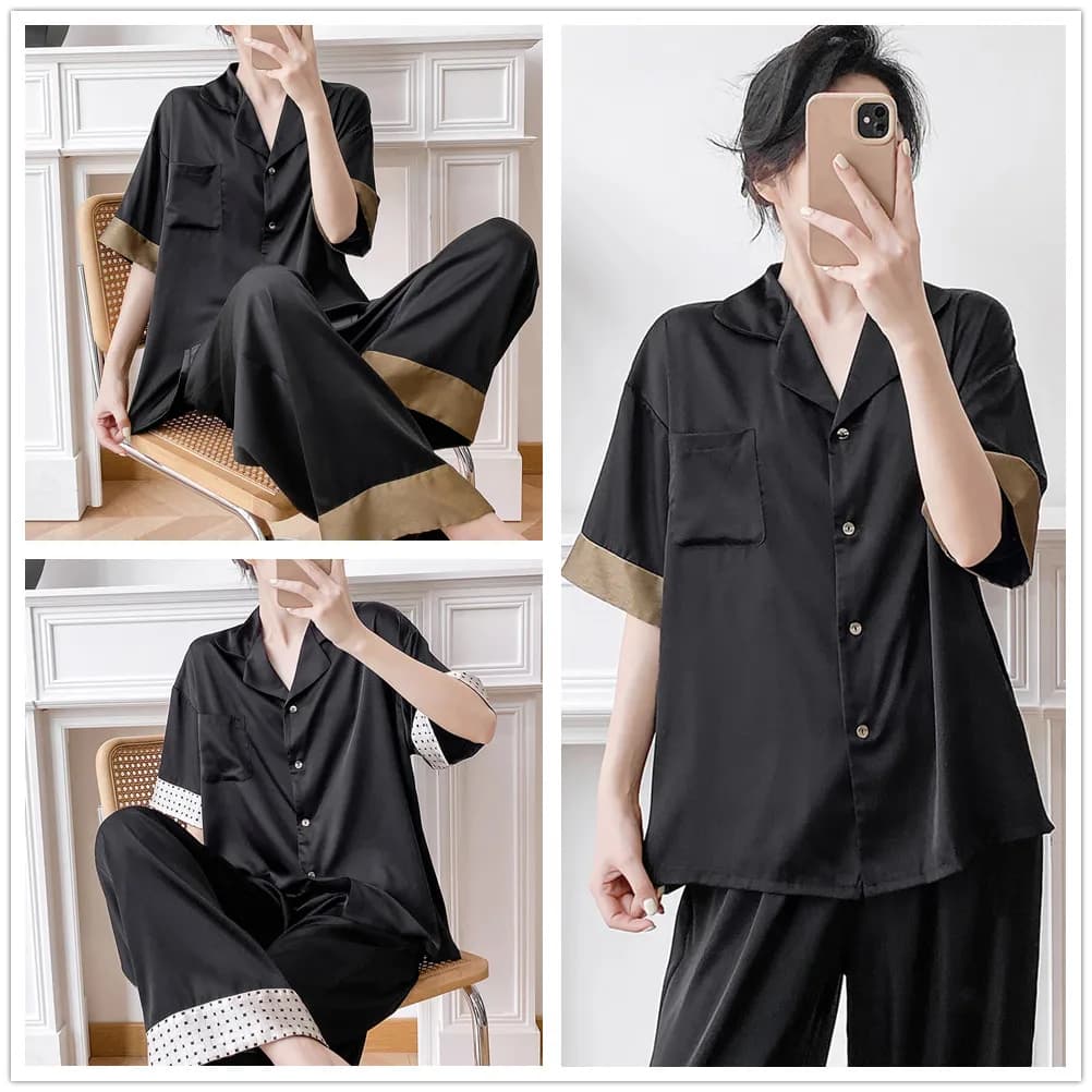 Female Pajamas Set Loungewear Sleepwear Short Sleeve Trouser Pijamas Suit Loose Casual Homewear Pyjama