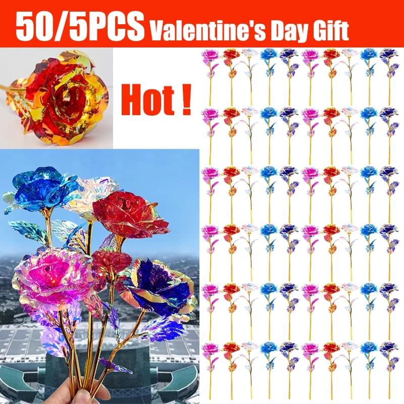 50/5Pcs Artificial Simulation Rose Flower Golden Foil Rose Flower Galaxy Rose Gift for Mothers Day Valentine Day Birthday Gifts