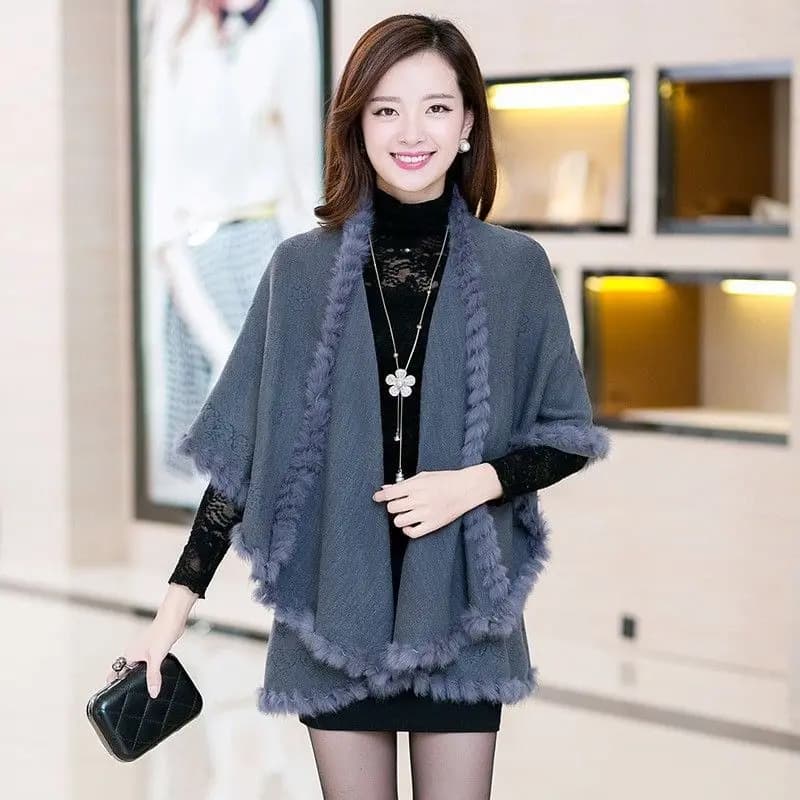 Vero coniglio caldo scialle primaverile poncho lavorato a maglia donna streetwear pashmina moda versione coreana due strati cardigan mantelle in rilievo