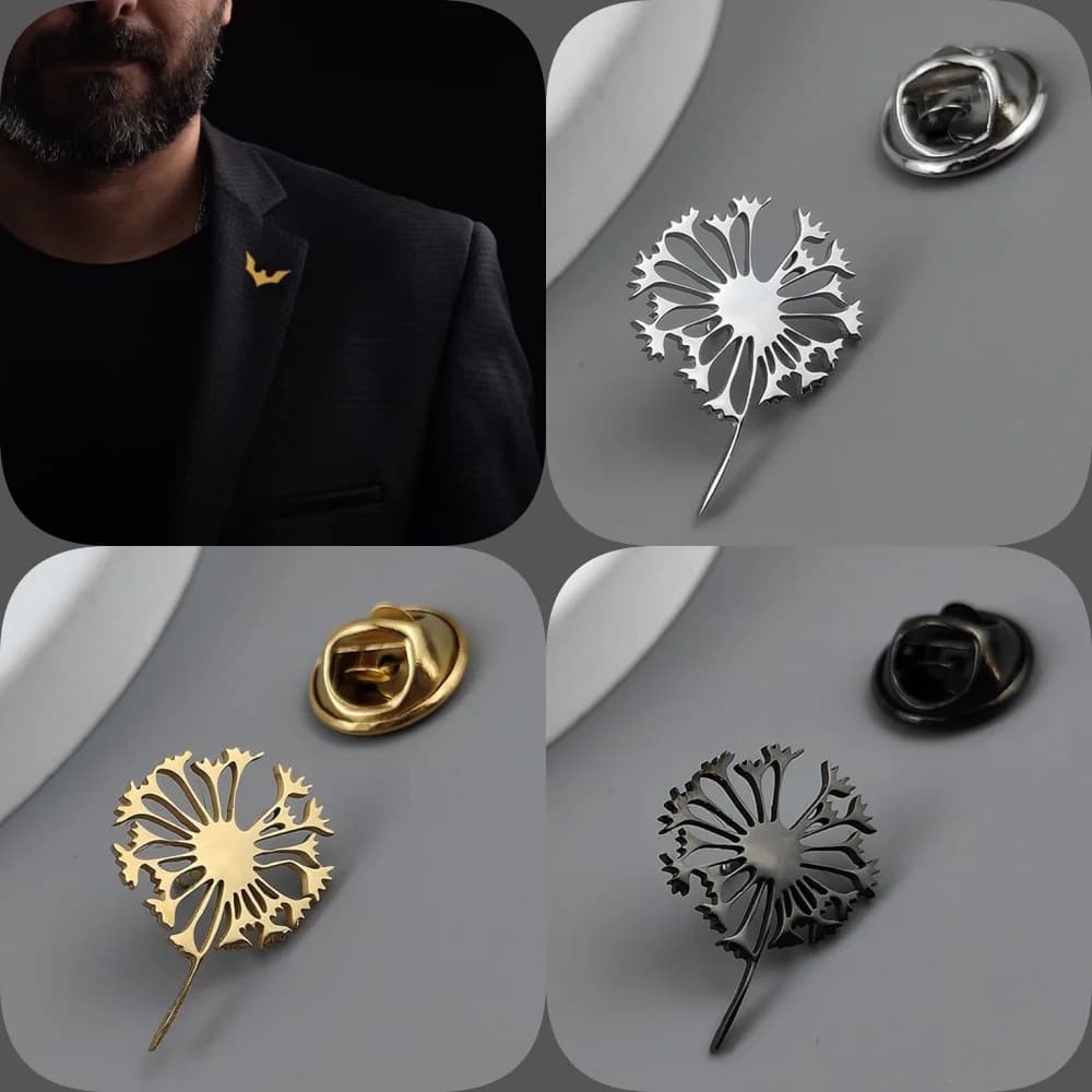 Distintivo in acciaio inossidabile placcato oro con tarassaco, spilla per colletto da abito, spilla nera argento, accessori per abiti da uomo