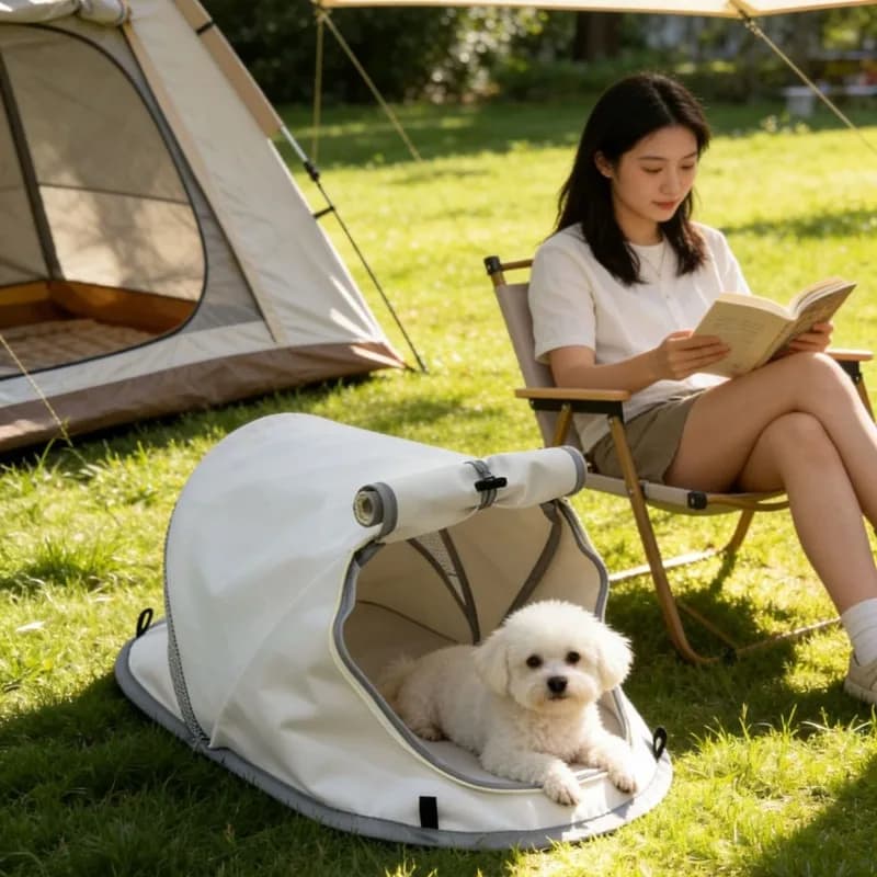 Foldable Pop Up Dog Cave Tent Waterproof Wear-resistant Oxford Cloth Breathable Ventilated Mesh Panel Adjustable Roll Shade Cover Lightweight Compressible Pet Shelter Outdoor Picnic Camping Anti-UV Rest House For Small Breed Dogs Cats