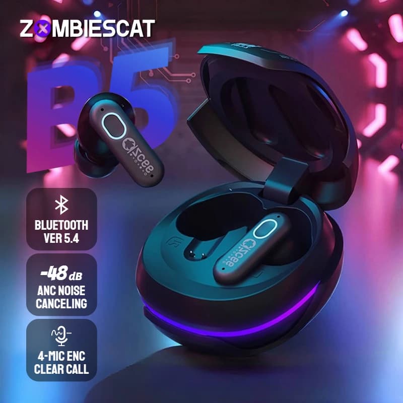 Auricolari Zombies Cat B5 ANC Bluetooth 5.4 Cuffie con cancellazione attiva del rumore Auricolari wireless TWS a doppia connessione con 4 microfoni