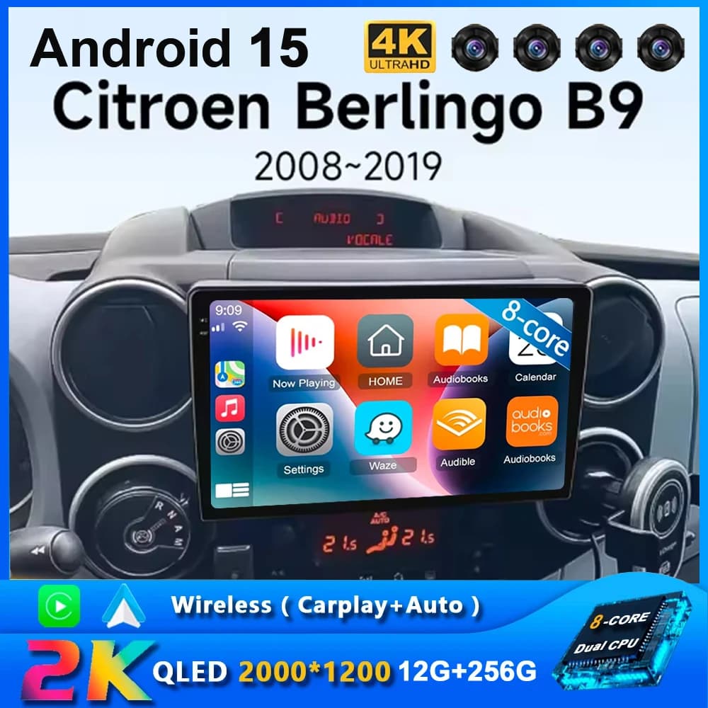 9 Inch Wireless CarPlay for Apple Android 15 Radio with Automatic Lamination for Citroen Berlingo 2 B9 Peugeot Partner 2008-2022 Multimedia