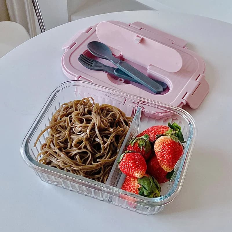 Contenitore per il pranzo in vetro Contenitore per alimenti a prova di perdite con design a scomparto Bento Box con cucchiaio e forchetta