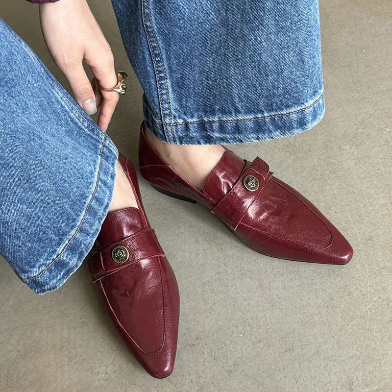 NEW Spring/Autumn Women Pumps Genuine Leather Shoes for Women Pointed Toe Low Heel Shoes Slip-on Women Loafers Metal Buckle Shoe