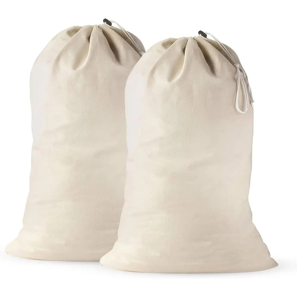 Grandi Sacchi per Bucato in Cotone 24x36 Pollici con Cordoncino, Organizzatore da Viaggio o Cesto Portabiancheria Resistente, per Campeggio – Beige (Confezione da 2)