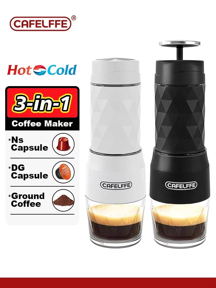 Cafelffe Macchina da caffè portatile Macchina per caffè espresso manuale per capsule e schiuma di latte macinata Pressa manuale per escursionismo Viaggi Gif 4In1