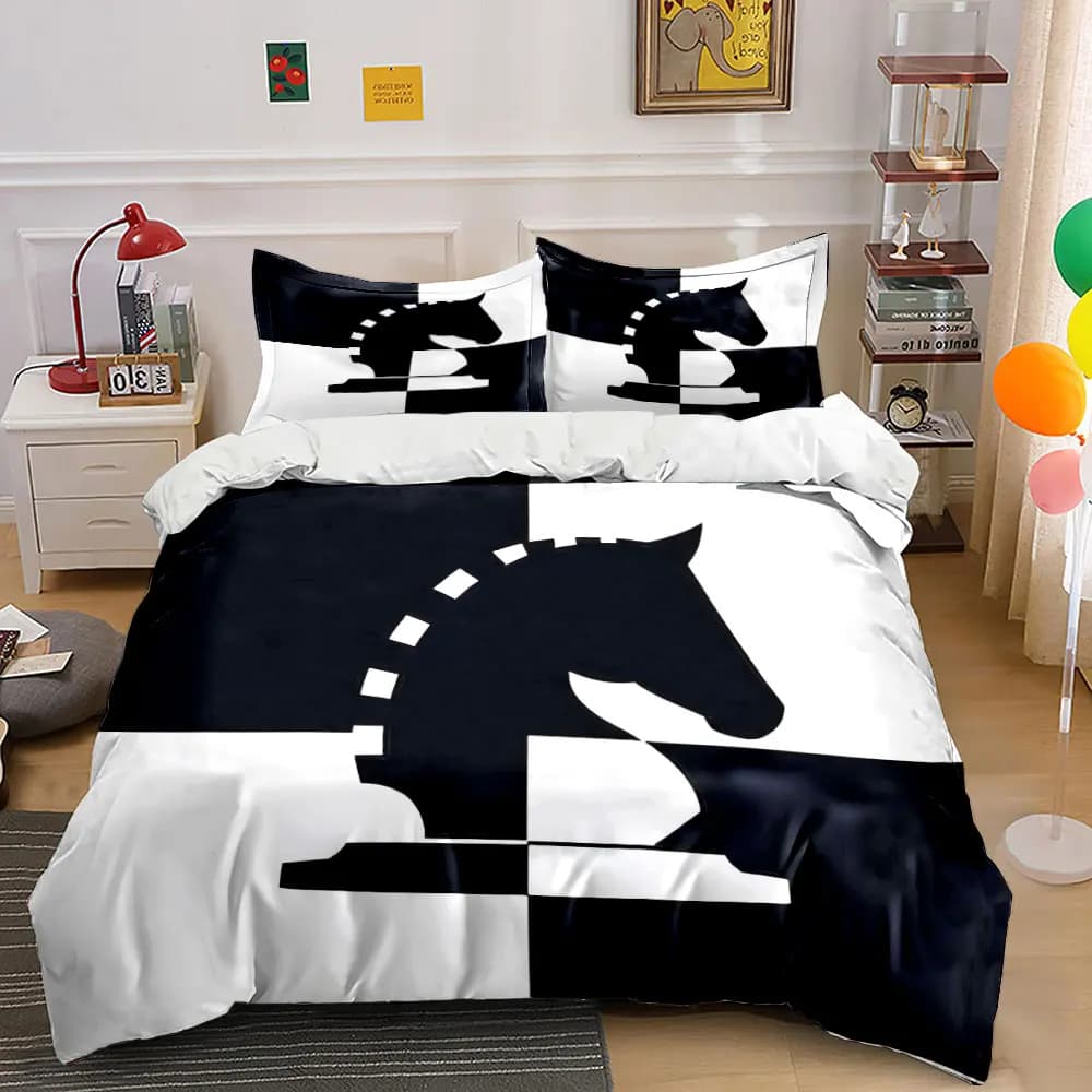 Set di biancheria da letto con stampa cavallo degli scacchi in bianco e nero, morbido e confortevole, include 1 copripiumino, 2 federe, regali di lusso
