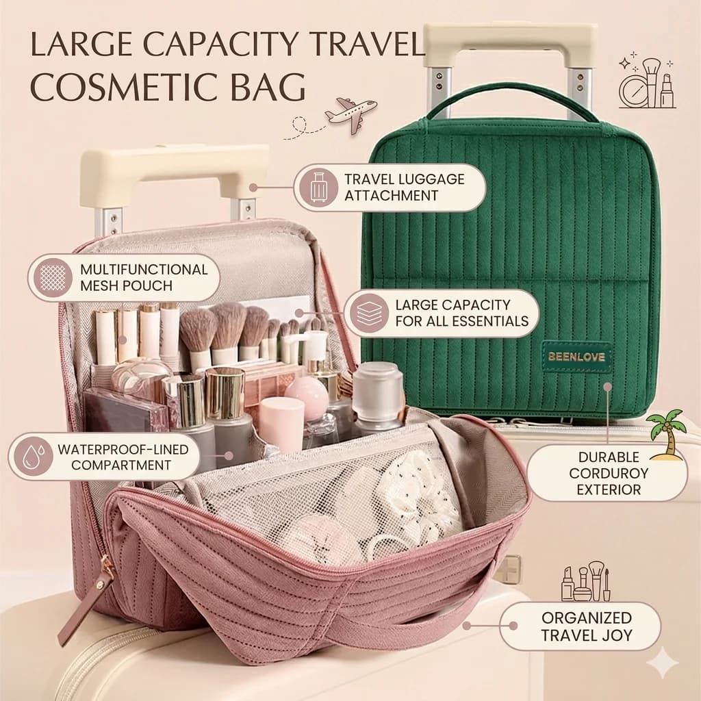 Waterproof Makeup Bag with Stable Handle, Travel Organizer for Cosmetics, High Capacity Storage Bag for Female Toiletries