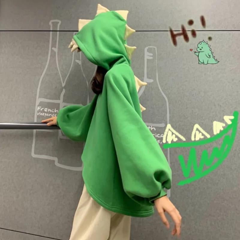 Felpe con cappuccio in corno di dinosauro da donna autunno cartone animato Felpe Harajuku Pullover a forma di drago di Halloween lungo davanti corto dietro lungo