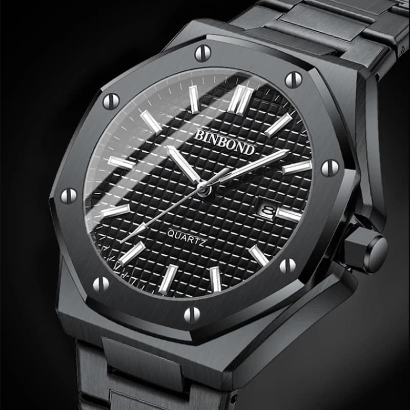BINBOND B0233 Moda Casual Orologi da uomo Quadrante grande nero Orologio da polso al quarzo con calendario in acciaio inossidabile Orologio classico da uomo delle migliori marche