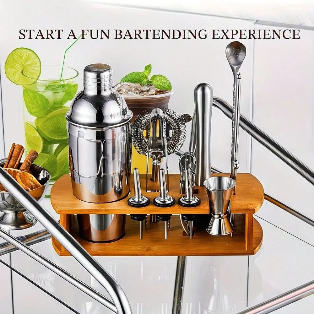 Cocktail Shaker Set & Bar Tool Set With Stand | Includes All Essential Accessories: Martini Shaker, Jigger, Strainer, B