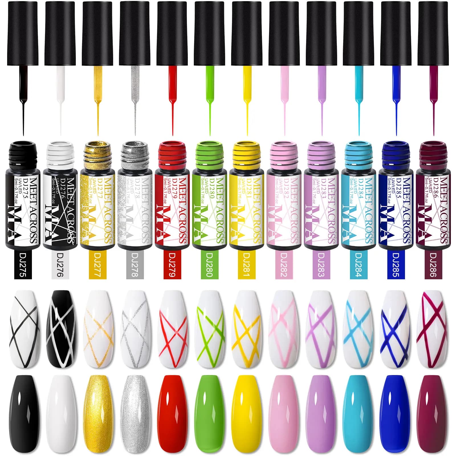 12pc Nail Liner Pittura Gel Set Nero Bianco Disegno Nail Art Vernis Stile francese Manicure fai da te Design UV/LED Semi permanente
