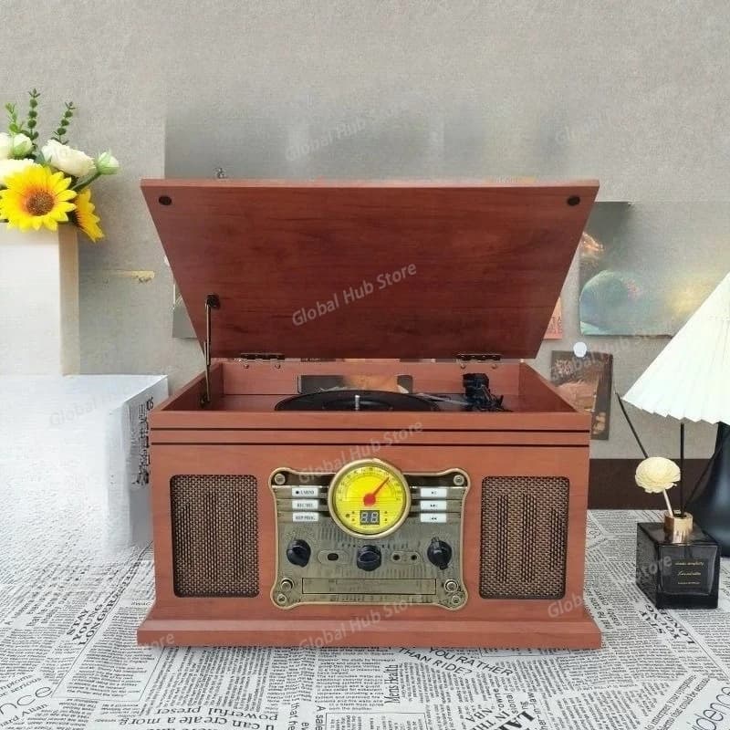 Nostalgia vintage Altoparlante Bluetooth LP in legno all-in-one vintage Lettore di dischi in vinile Regalo ornamentale per grammofono