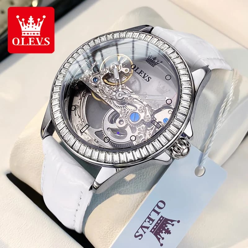 OLEVS 6699 Orologi da Donna Completamente Trasparenti con Lunetta in Diamanti, Orologio da Polso Meccanico Automatico di Lusso per Signore