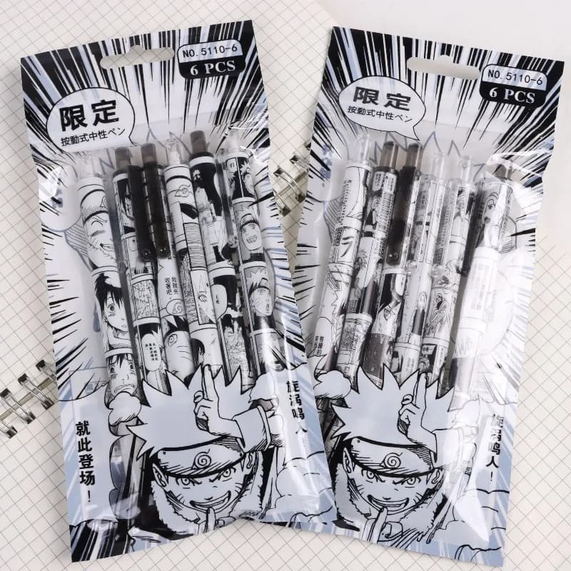 Set di 6 Penne Gel Naruto Anime, Penne a Sfera con Stampa Cartoon Naruto Sasuke, Materiale Scolastico per Studenti, Regalo