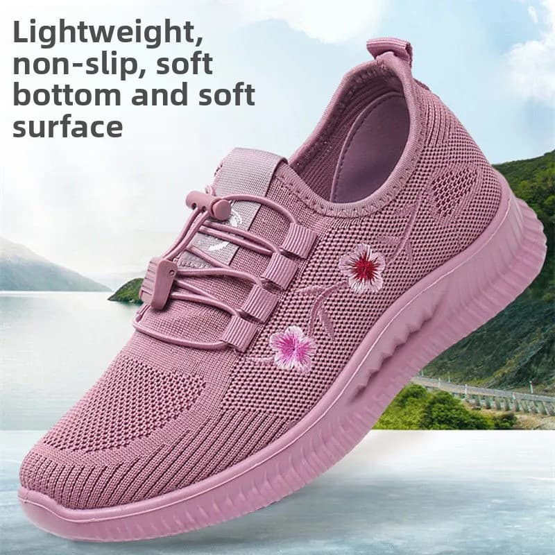 Women Floral Embroidery Mesh Sneakers Elastic Quick Lace Breathable Hollow Mesh Lightweight Non Slip Daily Walking Casual Shoes