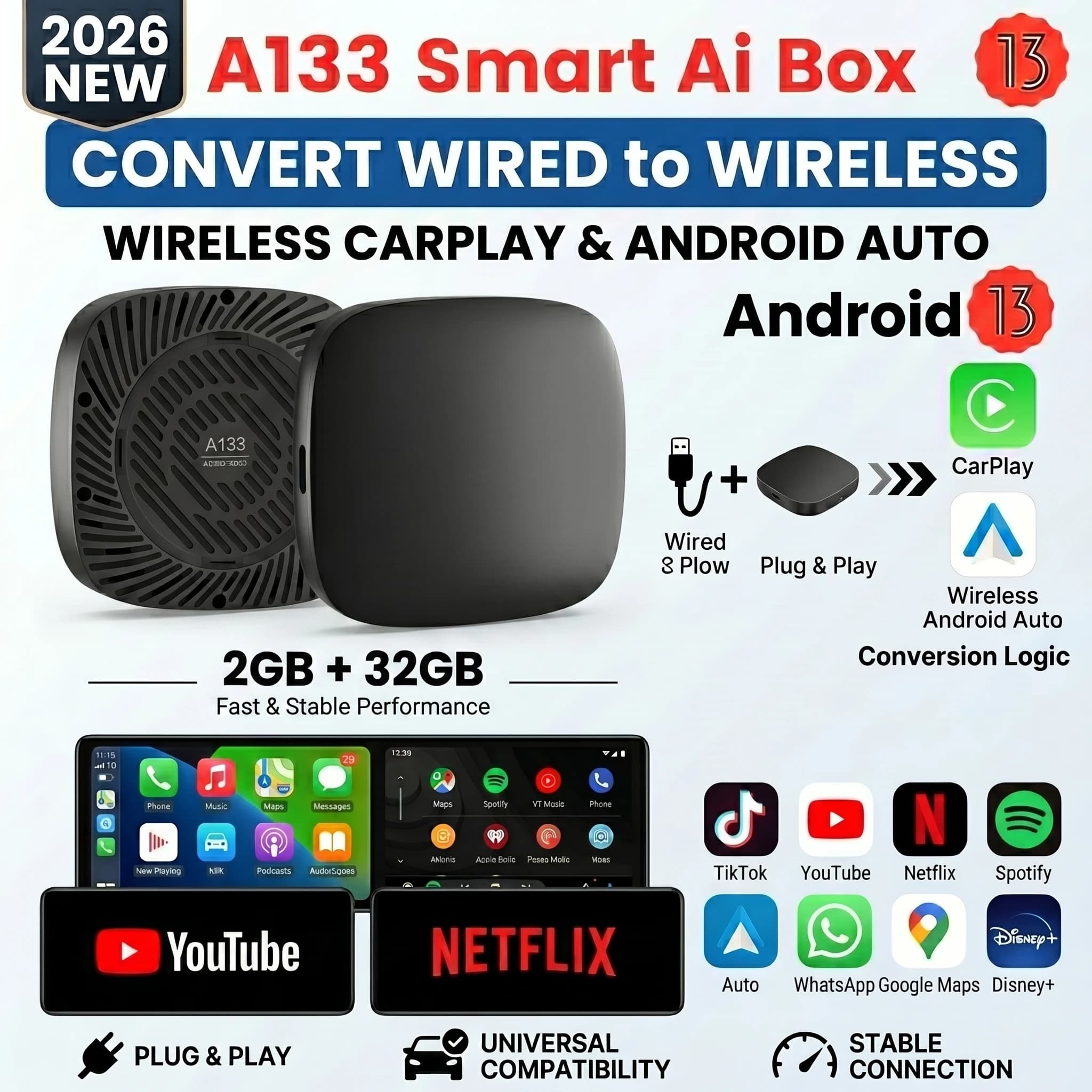2026 Kowankit Android13 CarPlay Ai Box Wireless Android Auto 3 in 1 Adattatore USB Plug & Play Universale TV Box per Youtube Netflix
