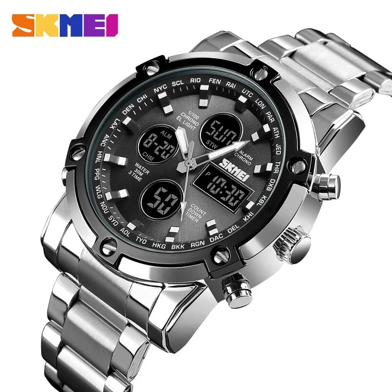 Skmei 1389 Orologio da polso da uomo al quarzo con tre tempi Orologio da polso con cinturino in acciaio con conto alla rovescia Orologio Relogio Masculino Orologio al quarzo digitale