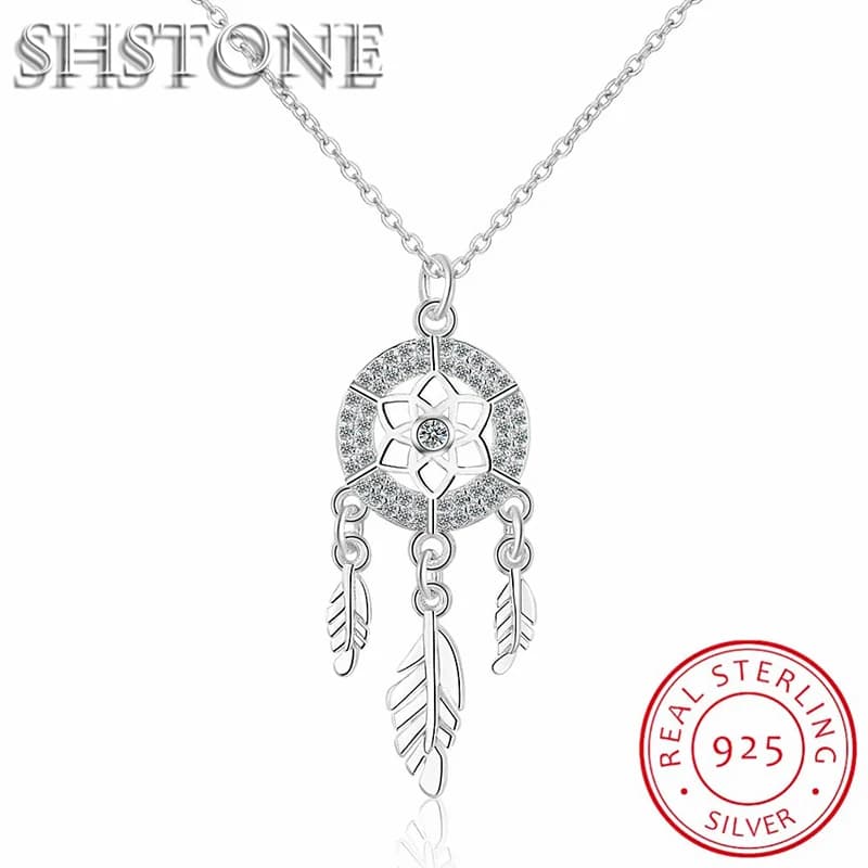 SHSTONE 925 Sterling Silver Dreamcatcher feather Charm Necklace Pendant Silver Dream Catcher Pendant Statement Choker Necklace