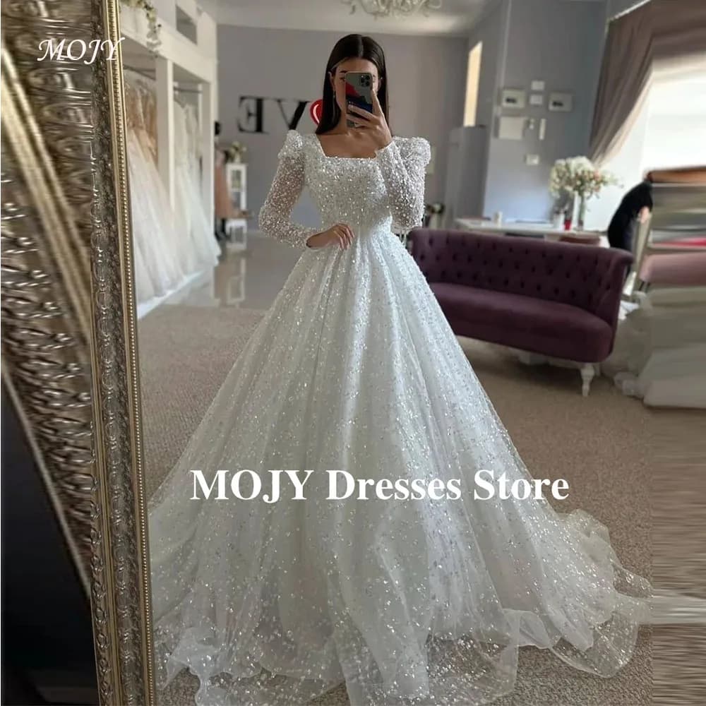 Mojy Personalizzato Avorio Lusso Paillettes Perline Abito da sposa Collo quadrato Maniche lunghe abiti da sposa A-line Abito da sposa formale