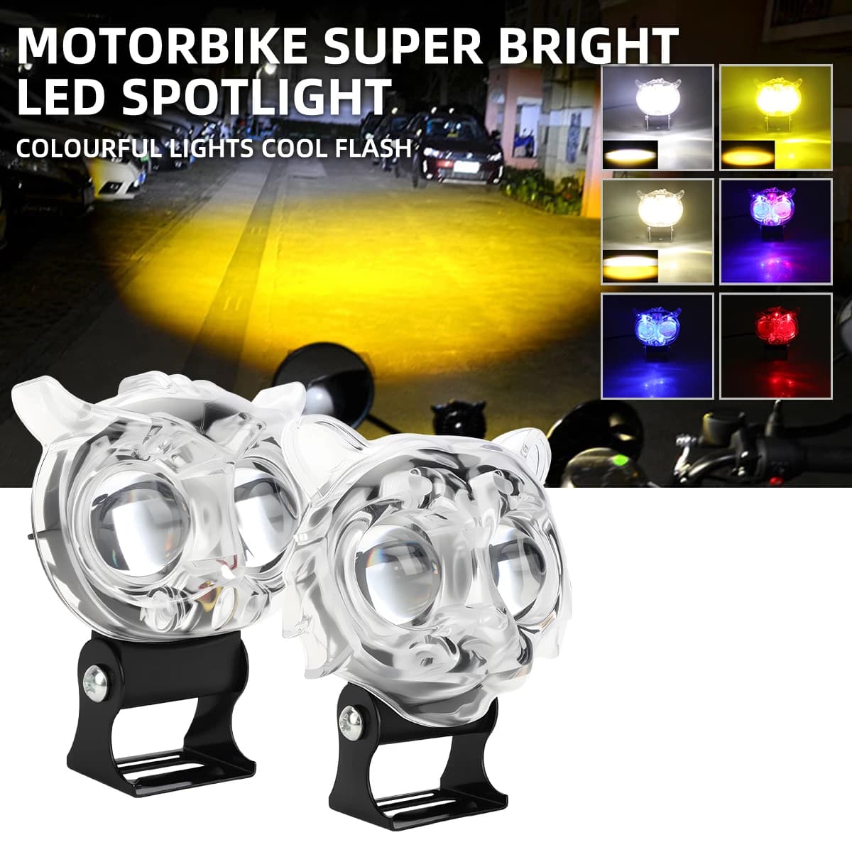 1/2 Pezzi Faro LED per Moto, Luce Bianca e Gialla Lampeggiante con Anello Luminoso Colorato, Luce Ausiliaria per Guida e Nebbia 12V