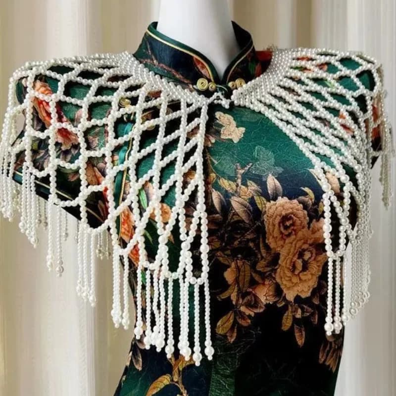 Sciarpa/Coprispalle Elegante in Stile Esotico con Perle Intrecciate e Nappe, Decorazione Traforata per Abito da Sposa