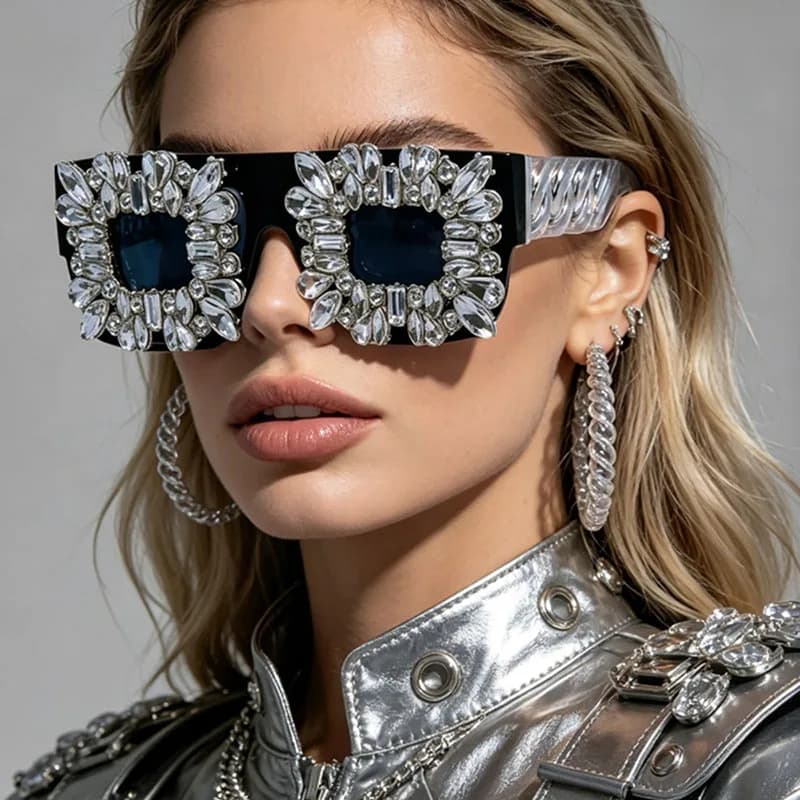 Exaggerated Bling Rhinestone Square Glasses Women Luxury Silver Chain Leg Statement Eyewear For Party Nightclub Rave Festival