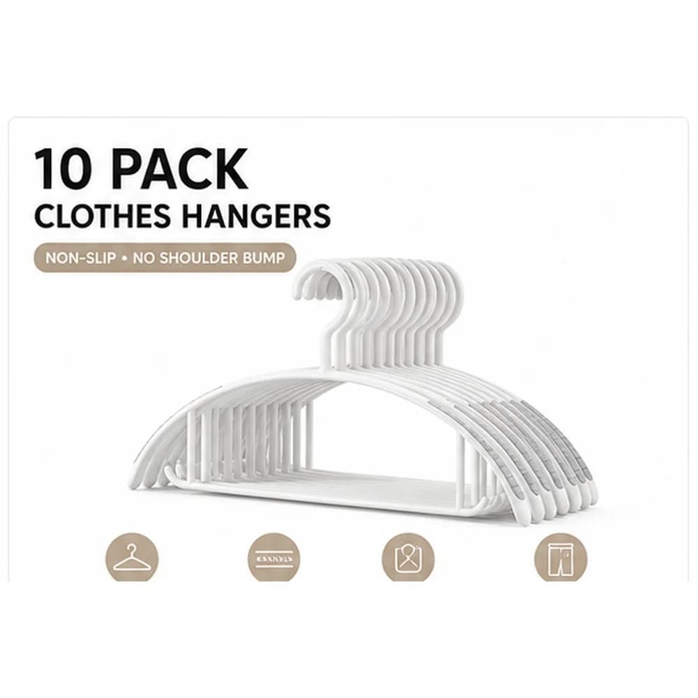 10 Pack White Non Slip Clothes Hangers No Shoulder Bump PET Wardrobe Drying Hangers for Shirts Pants Scarves Towels Home