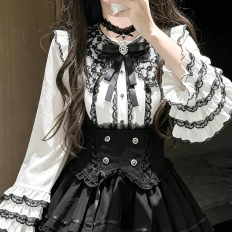 Women Y2K Gothic Lolita Slim Fit Blouse Cute Lace Bow Long Puff Sleeve Shirt Japanese Subcultural Matching Clothes