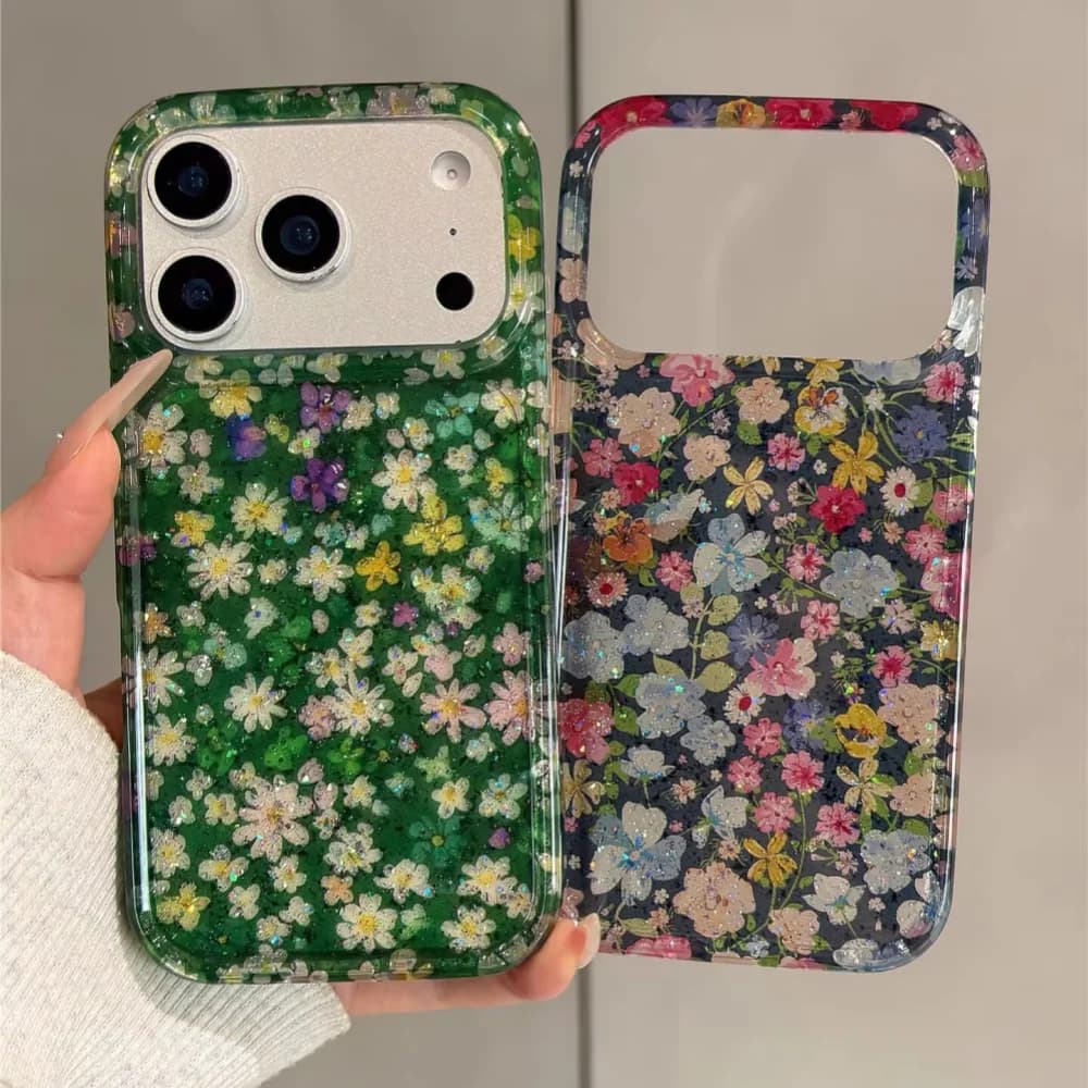 Glitter Shiny Oil Painting Flowers Phone Case For iPhone 17 16 15 14 Pro Max Artistic Aesthetics Fashion Floral IMD Cover Funda