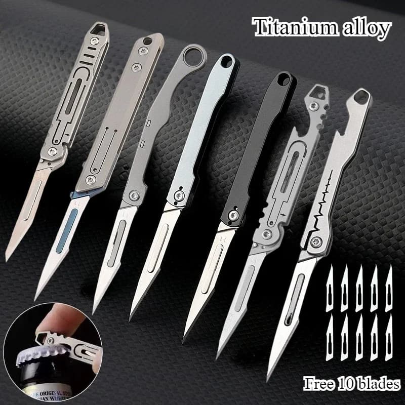 Mini Titanium Alloy Folding Surgical Knife Outdoor Camping Portable EDC Knife Comes with 10pcs Free Blades