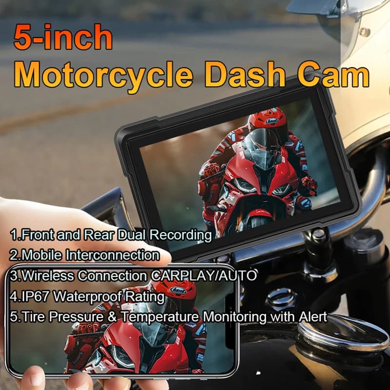 5 inch DVR camera, front and rear, waterproof, wireless, with CarPlay, Android Auto, GPS navigation, dashcam for motorcycle, 128 GB TF card