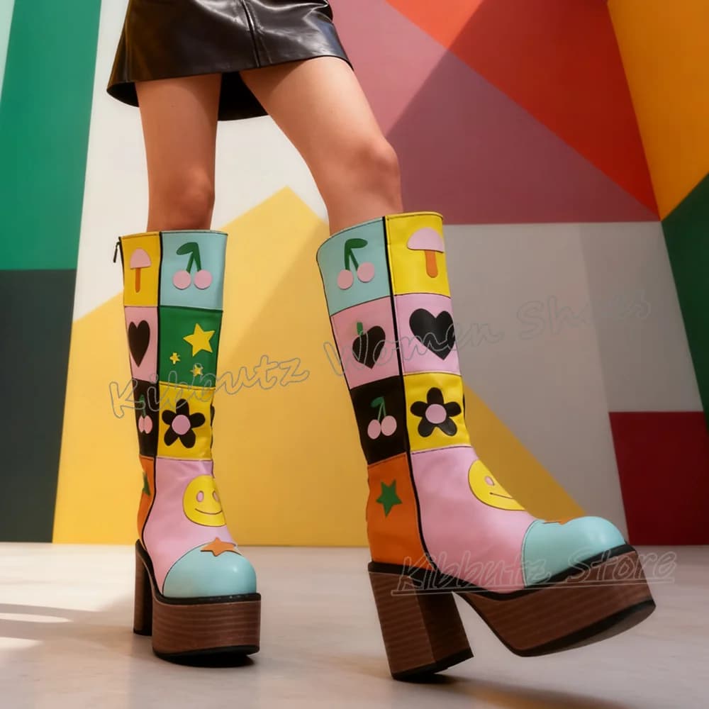 Flower Platform Knee High Boot Patchwork Mixed Color Round Toe Chunky Heel Zipper Leather Fashion Novelty Sexy Elegant Shoes New