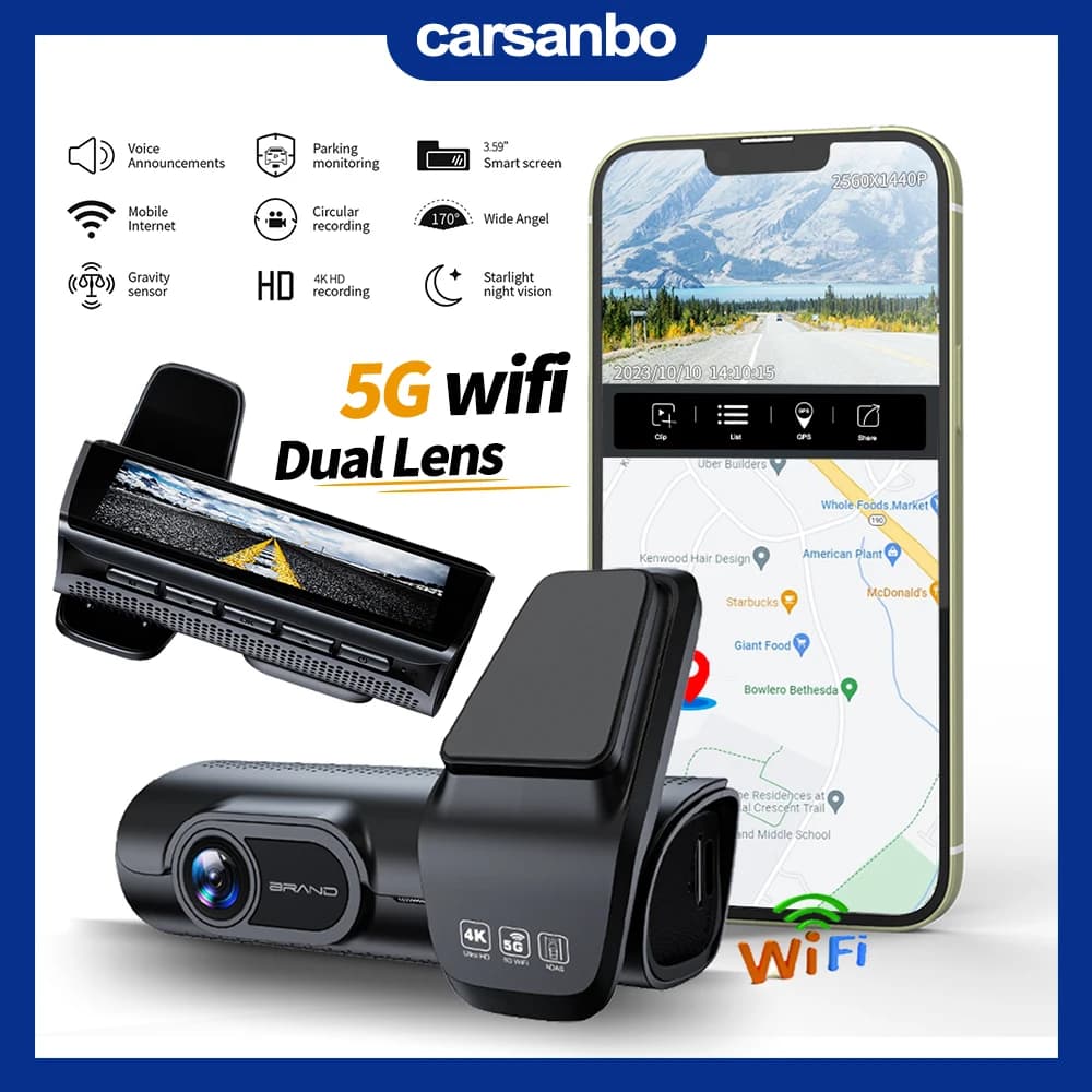 Carsanbo 3.59 "Front Rear Dual Lens Camera Recorder 4K 1080P Supporto 5G Wifi BDS Blind Spot Wdr Visione notturna Monitoraggio Parcheggio