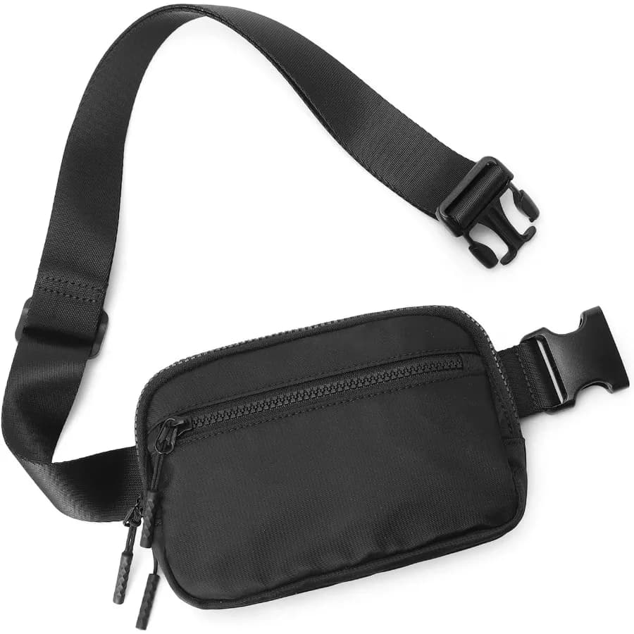 【Nuovo arrivo】Mini borsa da cintura in nylon nera, marsupio resistente all'acqua con cintura regolabile e tasche con cerniera per corsa e viaggi