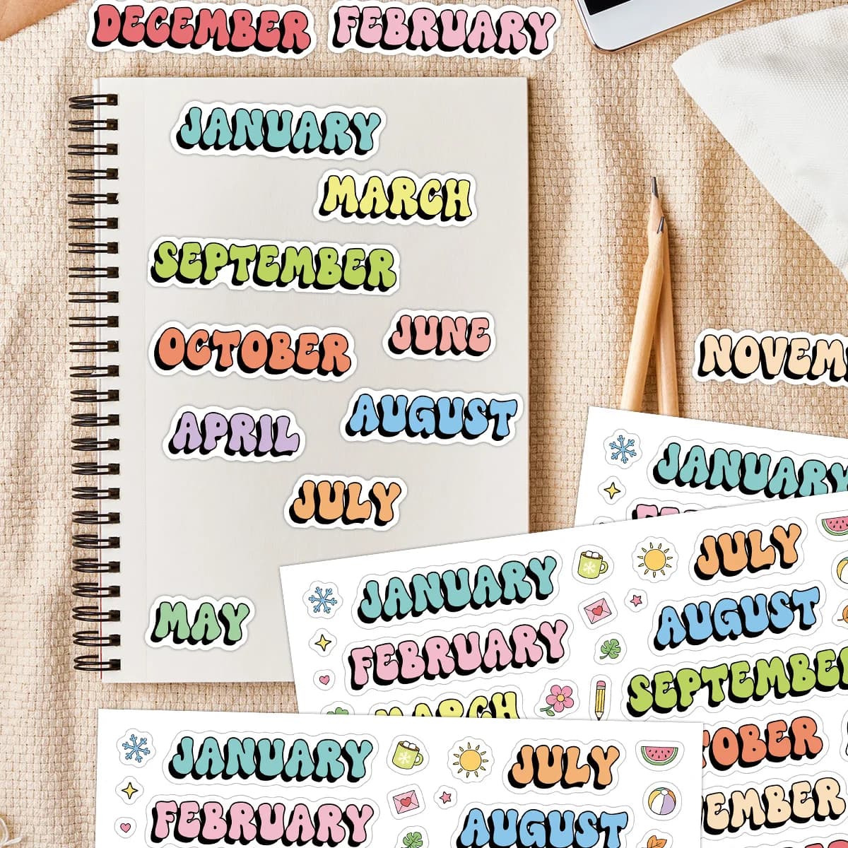 5sheets Colorful Bubble Font Month Stickers,12 Months Planner Label For Notebook,Diary.Agenda,Scrapbooking,Stationery Decoration