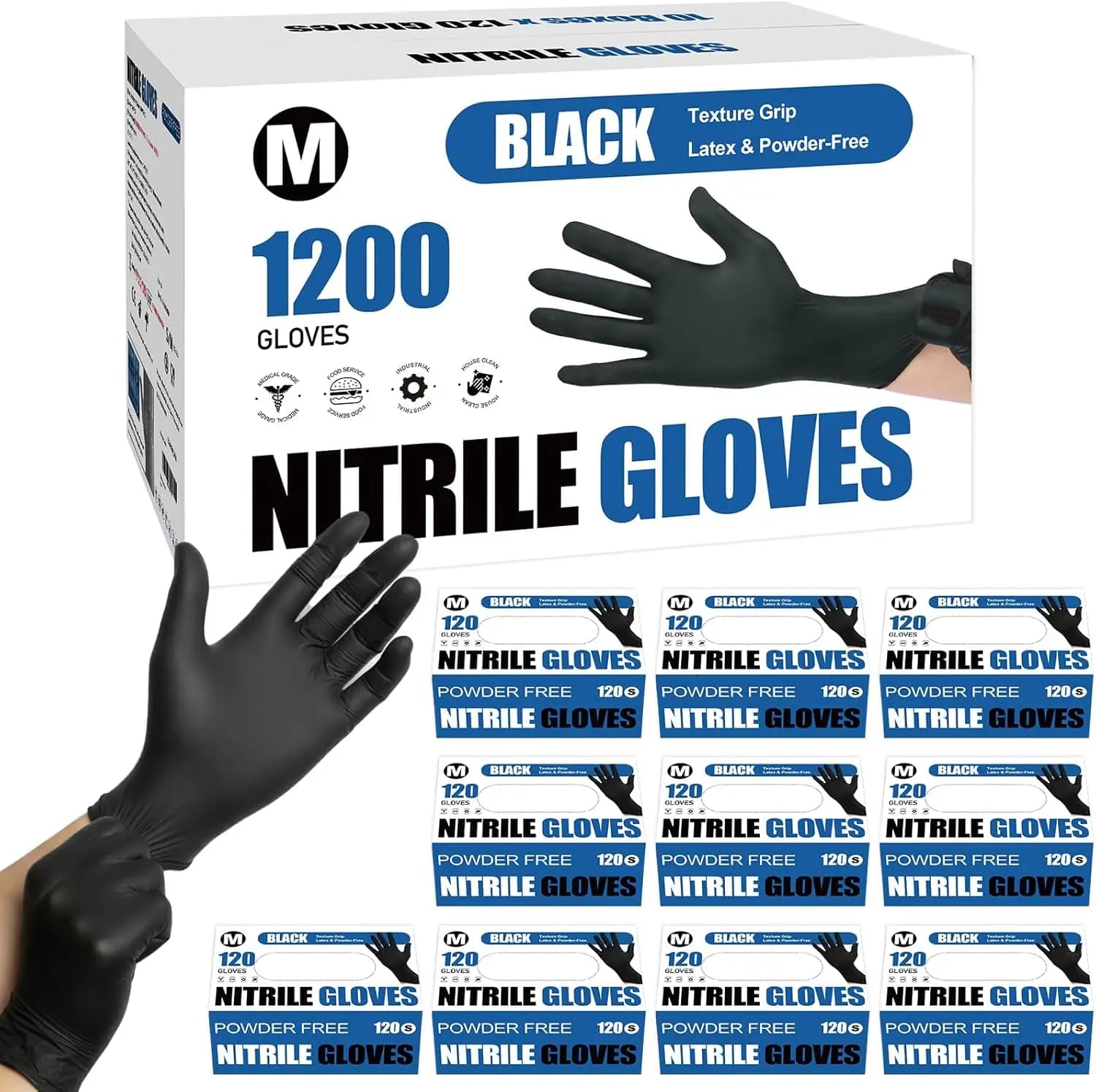 1200 Pezzi Guanti Monouso in Nitrile Nero 4 Mil Senza Lattice Senza Polvere per Cucina Pulizia Auto Salone