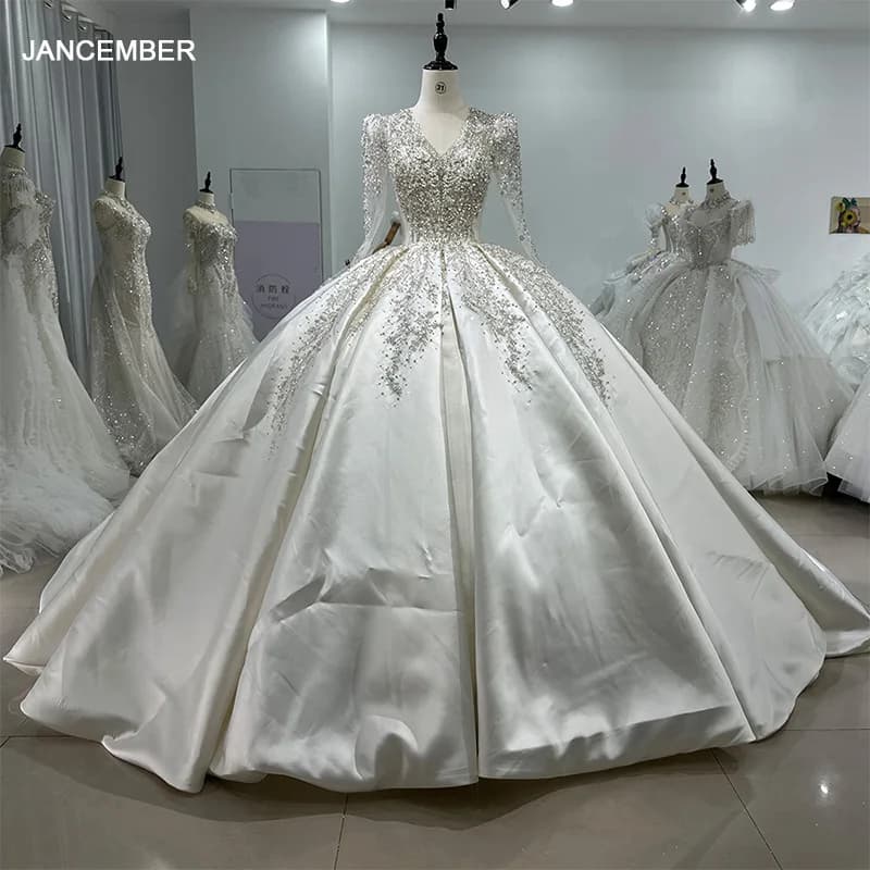 Jancember abito da sposa principessa a maniche lunghe con scollo a v 2024 per donna pizzo con coda graziosi abiti da sposa vestido de novia XS068