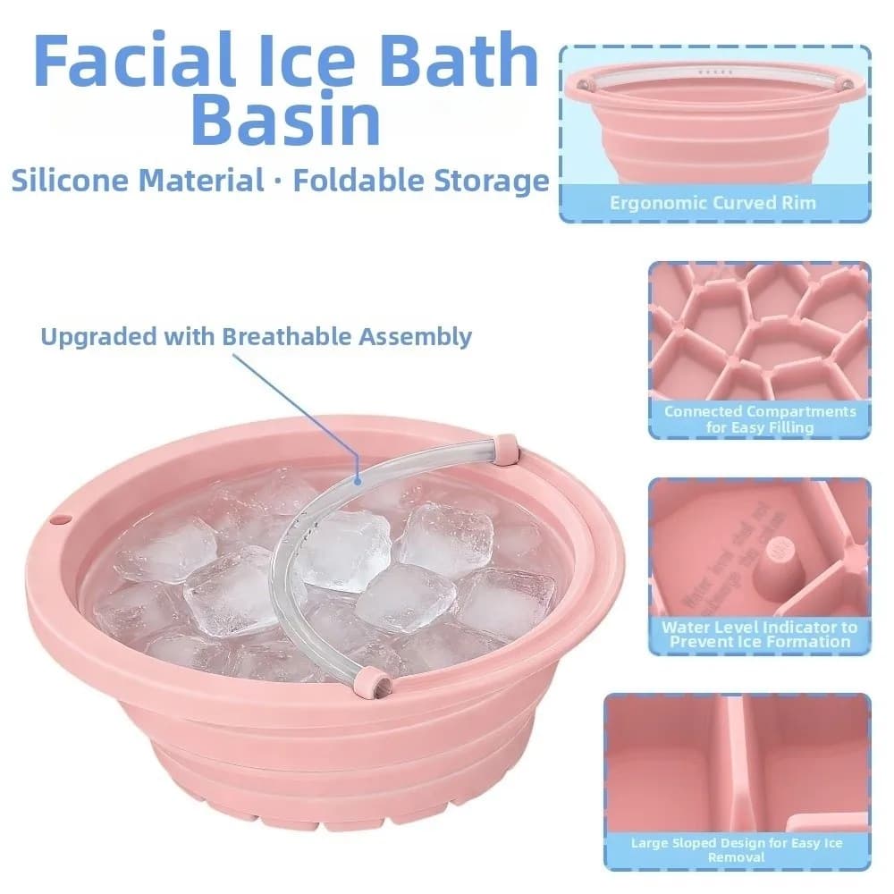 Foldable Face Ice Bath Bowl with Snorkel Silicone Cold Skincare Washbasin Built-in Ice Tray Portable Ice Basin Beauty Tools