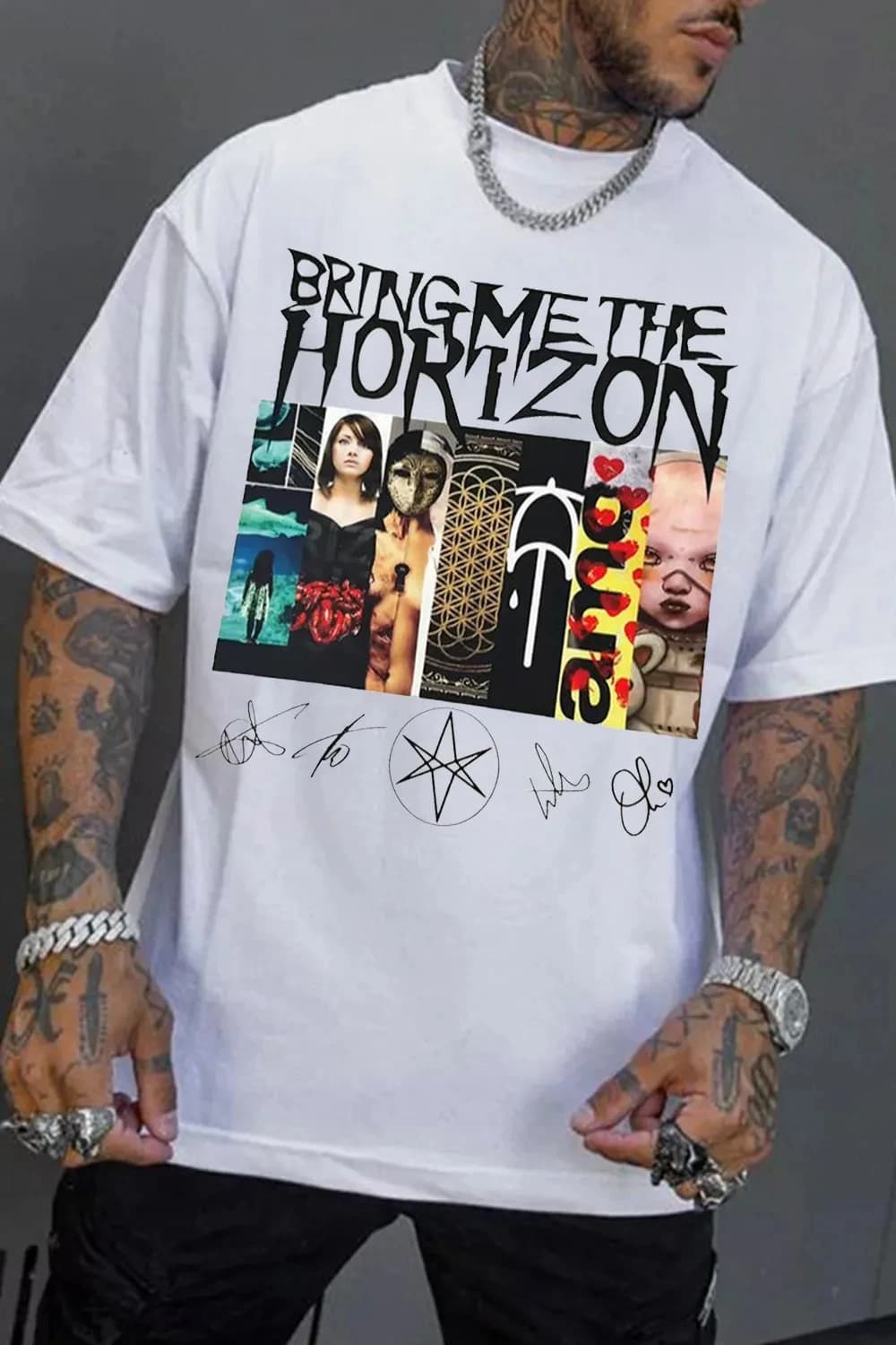 T-shirt da uomo alla moda con grafica dell'album Bring Me The Horizon BMTH, unisex, girocollo, 100% cotone, manica corta, stile Y2k, oversize, popolare.