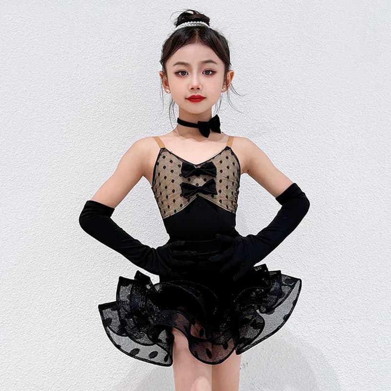 Abito da ballo latino 2026 per ragazza, vestito nero a pois senza maniche per performance di danza, tuta da ballo Rumba Cha Cha VDL5289