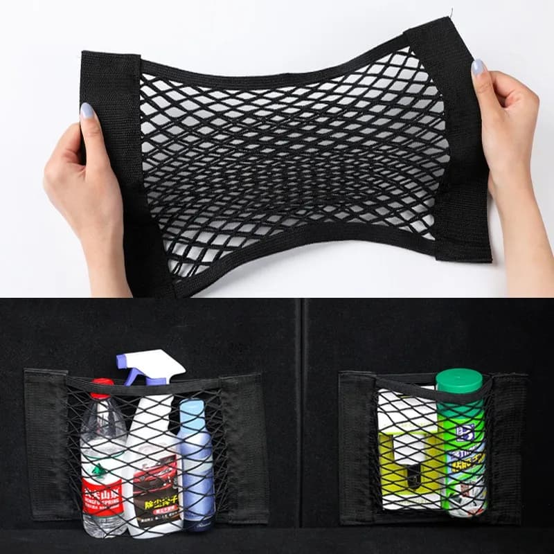 Borsa portaoggetti in rete per bagagliaio di un'auto Tasca portaoggetti per rete portaoggetti per auto Borsa per bagagliaio universale Nastro per cintura di fissaggio magico Accessori interni auto