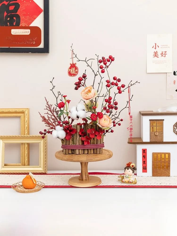 Composizione Floreale Artificiale per Capodanno, Pezzo Decorativo Invernale con Frutti Rossi, Fiori Artificiali in Vaso, Fiori Secchi, Barile della Fortuna 2026
