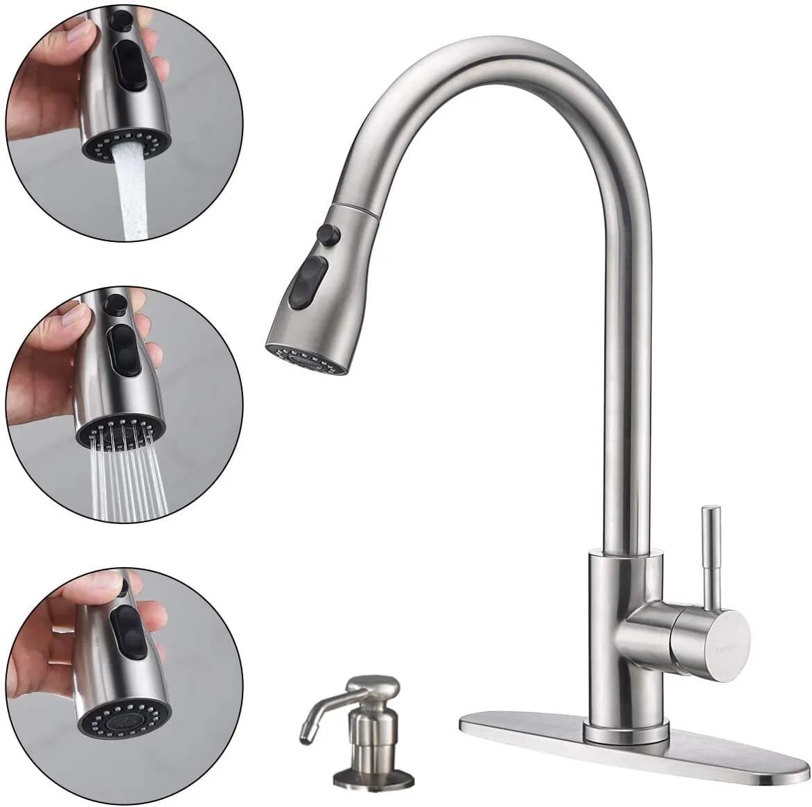 Rubinetto da cucina estraibile con doccetta girevole e copertura, miscelatore + dispenser sapone