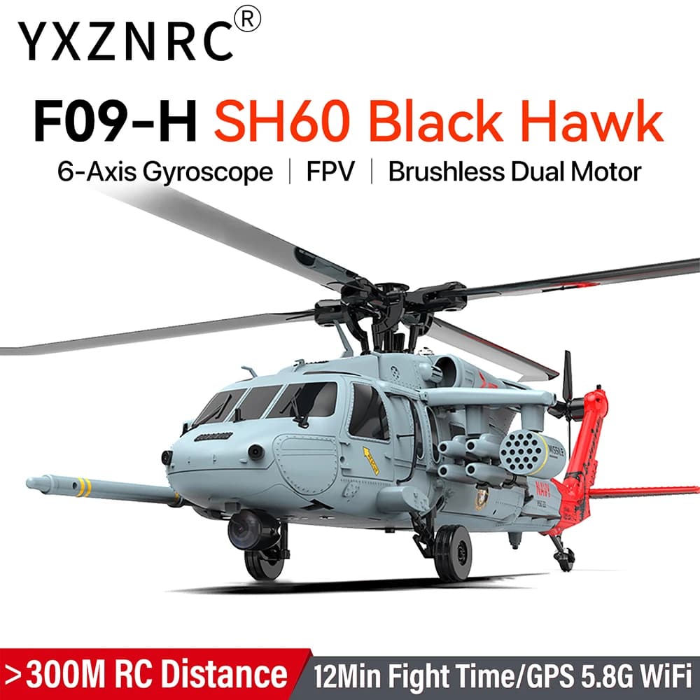 YXZNRC F09-H RC elicottero 1:47 SH60 2.4G giroscopio a 6 assi 8CH GPS posizionamento del flusso ottico 5.8G FPV motore Brushless RTF